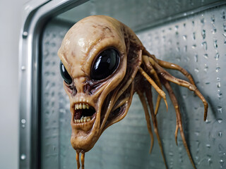 Alien Entity: The image showcases a captivating, detailed look at a mysterious alien entity within an enclosed metallic structure, highlighting its unusual features and the unknown.