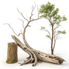 Driftwood Tree Branch Close-Up on White Background