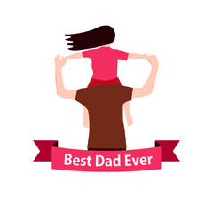 A joyful flat vector of a father carrying his daughter on his shoulders with a ribbon saying “Best Dad Ever.” This illustration captures happiness.