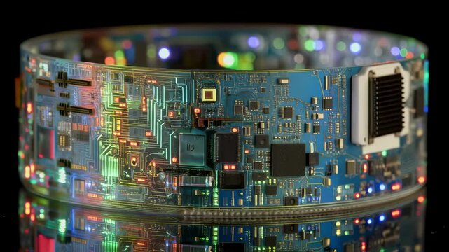 Complex circuitry and bonding mechanisms of a flexible microled display roll are highlighted, showcasing its bendability and potential for integration into contact lenses