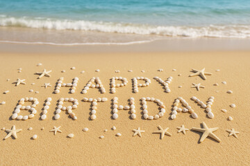 砂浜に並べられた貝殻の「HAPPY BIRTHDAY」の文字