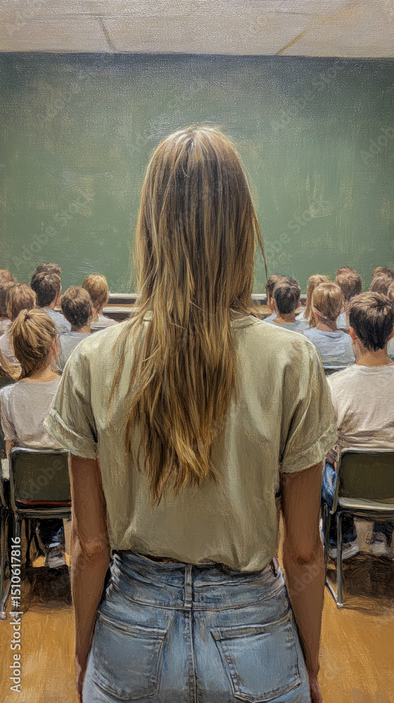 Poster classroom scene with instructor facing students during lesson