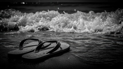 Black and White Photo of Flip Flops on Sandy Beach with Ocean Waves in the Background