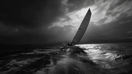 Dramatic Black and White Sailboat Racing Across Stormy Waters with Dark Clouds Above