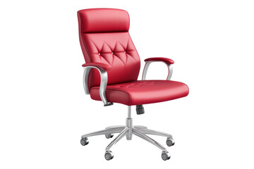 Fototapeta premium Comfortable red office chair with ergonomic high backrest adjustable height armrests and rolling caster wheels for modern workspace comfort and support