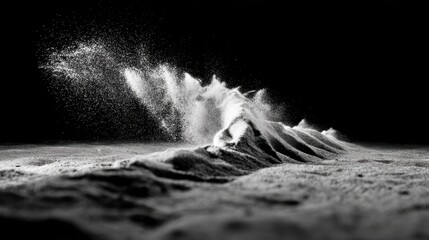 Abstract representation of flowing powder creating dynamic wave patterns in a dark setting, emphasizing motion and texture