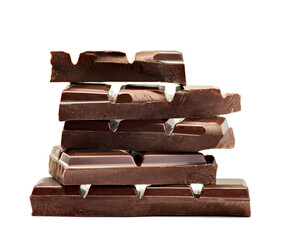 close up of chocolate pieces stack  on white background