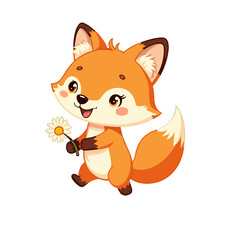A cartoon fox with a cheerful expression holds a flower on a transparent background.