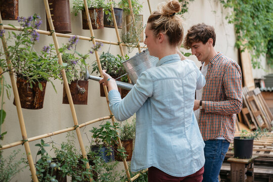 Young woman waters plants in a vertical garden made from recycled cans while a young man stands beside her. They are enjoying gardening together outdoors.