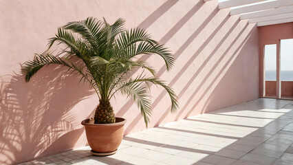 Fototapeta premium Tropical Palm in Modern Pink Terrace Setting