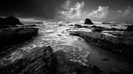 Dramatic Black and White Seascape with Rocky Shore and Turbulent Waves Under Stormy Clouds