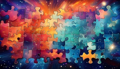 colorful puzzle pieces against a bright starry background in abstract artistic style