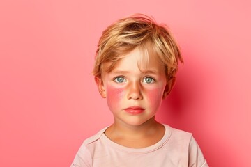 Portrait of a boy on a pink background, with a burn on his face, blue-eyed blonde