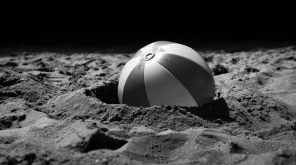 Colorful beach ball partially buried in sand at the beach, creating a playful and nostalgic summer scene in black and white.