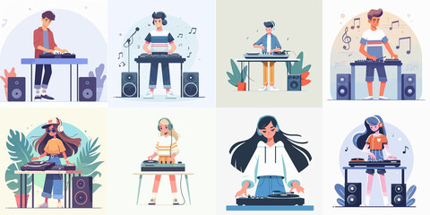 Teen DJs Mixing Music – Cool Cartoon Illustrations of Young DJs