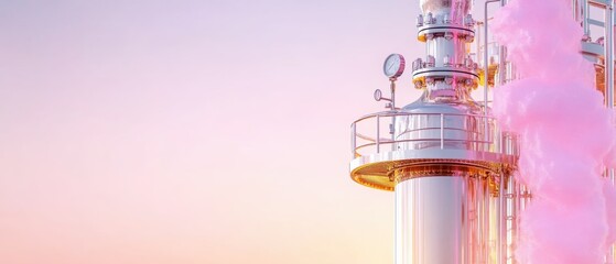 Pink vapor rises from a gleaming metallic industrial distillation column, creating a surreal, dreamy atmosphere. Horizontal banner with copy space for text, poster, free space