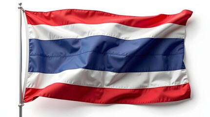 Naklejka premium Photorealistic image of a Thailand flag isolated on a clean white background, natural lighting, soft shadows, studio shot, high resolution, realistic textile texture, slight fabric folds