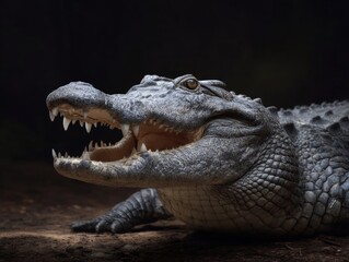 Obraz premium The mouth is open and the teeth are exposed, showing the crocodile's teeth and snout.