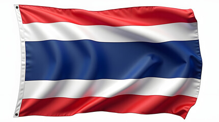 Photorealistic image of a Thailand flag isolated on a clean white background, natural lighting, soft shadows, studio shot, high resolution, realistic textile texture, slight fabric folds