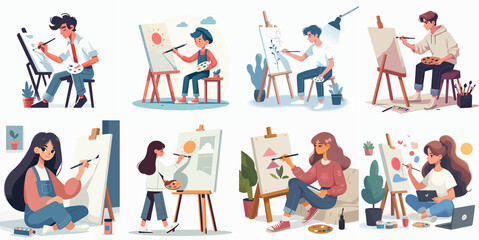 Creative Teens Painting on Canvas – Cartoon Art Students Illustration