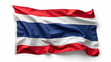 Naklejka premium Photorealistic image of a Thailand flag isolated on a clean white background, natural lighting, soft shadows, studio shot, high resolution, realistic textile texture, slight fabric folds