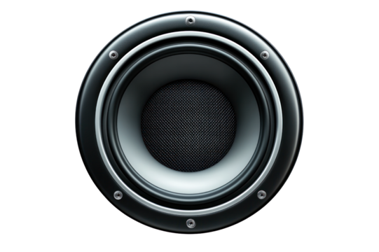 Close-up view of a modern round black o speaker with detailed mesh cone and metallic rim for high-quality sound reproduction and home entertainment purposes
