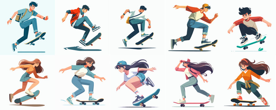 Cool Teenagers Skateboarding – Cartoon Style Urban Skaters in Action