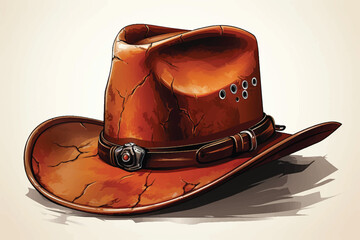 Simple isolated doodle sticker. Brown leather cowboy wide brim hat with plaque and badges. Wild west concept sticker.