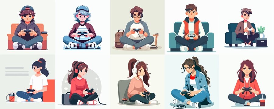 Teens Playing Video Games &ndash; Cute Cartoon Gamer Characters