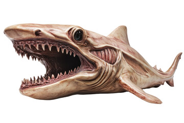 Fototapeta premium Realistic detailed image of a fierce-looking deep-sea shark with an elongated body teeth and textured skin isolated on white background