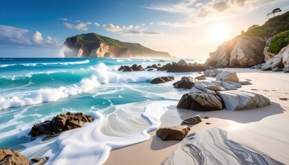 Turquoise waves crash on a sandy beach with rocky outcrops under a sunny sky