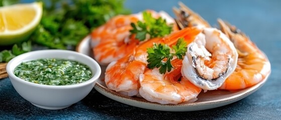 Delicious grilled shrimp seasoned with fresh parsley served on a plate with a side of vibrant green sauce. Horizontal banner with copy space for text, poster, free space