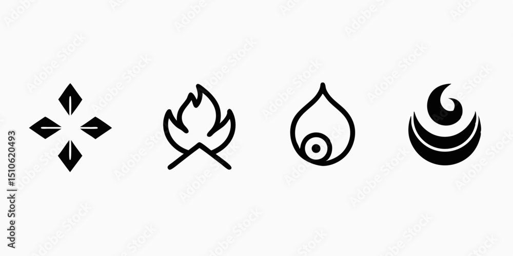 Poster four element icon logo design with line style symbols for branding