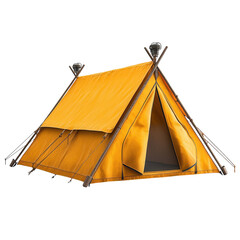 Cozy yellow canvas tent inviting adventure set against a stark black on transparent background © Jawad