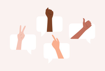 Hands of different skin tones showing different gestures in speech bubbles. Flat vector illustration