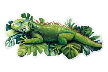 Obraz premium Colorful Green Iguana Resting on Tropical Leaves with Bright Spines and Detailed Textures in a Lush Jungle Environment