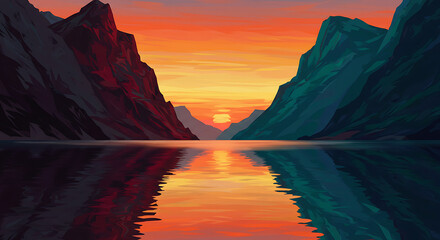 Serene Mountain Lake Sunset Geometric Vector Art