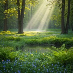 Fototapeta premium Sunlit Forest with Blue Flowers and Pond