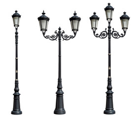 three lampost or antique street lamps isolated on white background