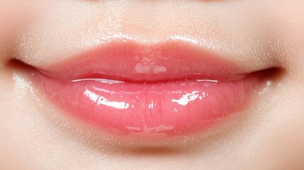 Glossy, pink lips with a smooth texture and natural shine, suggesting hydration and health.
