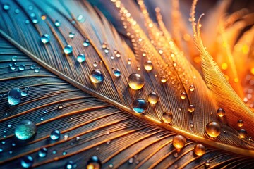 Close-up Macro Photography of Dew Drops on a Vibrant Feather Nature's Intricate Beauty