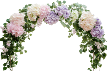 Beautiful floral arch decorated with pastel hydrangea flowers in shades of pink purple and white, lush green leaves, elegant outdoor garden wedding decor