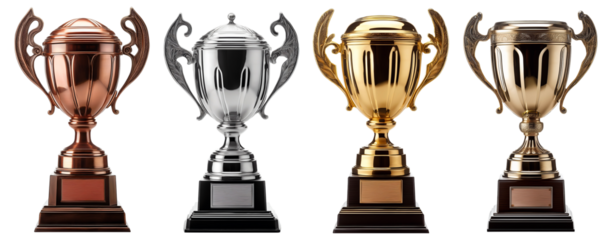 set of four tiers of champion trophies isolated on white background