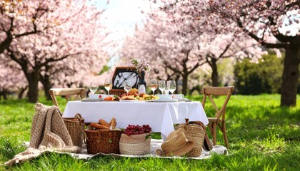 Enchanting Springtime Picnic Under a Canopy of Blooming Cherry Blossoms