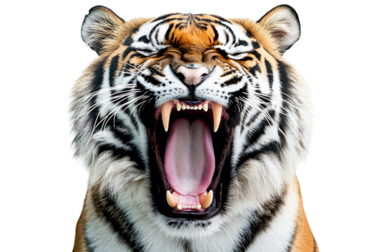 Yawning tiger close up portrait isolated on transparent background