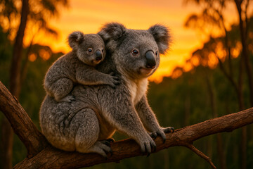 Fototapeta premium Mother and Baby Koala on Eucalyptus Tree at Sunset in Australian Forest - Adorable Wildlife Moment Captured in Warm Golden Light