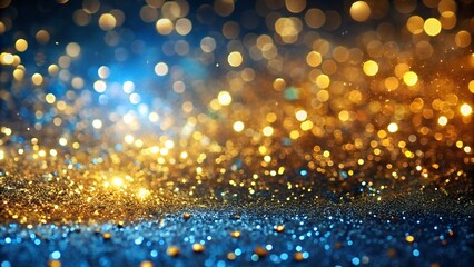 A dynamic background of shimmering gold and blue glitter, with a denser concentration of fine particles 