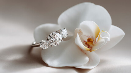 white orchid on a white background with a silver diamond ring