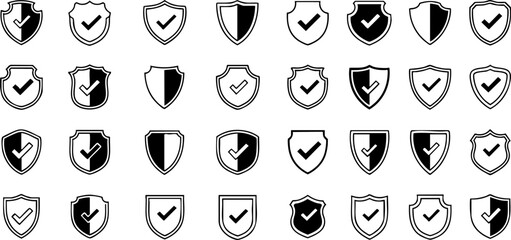 A grid of simple shield icons in various shapes and designs, some with checkmarks, representing security and protection.