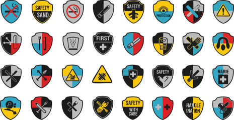A set of thirty shield-shaped safety and warning icons with various symbols and text related to caution, protection, and emergency situations.